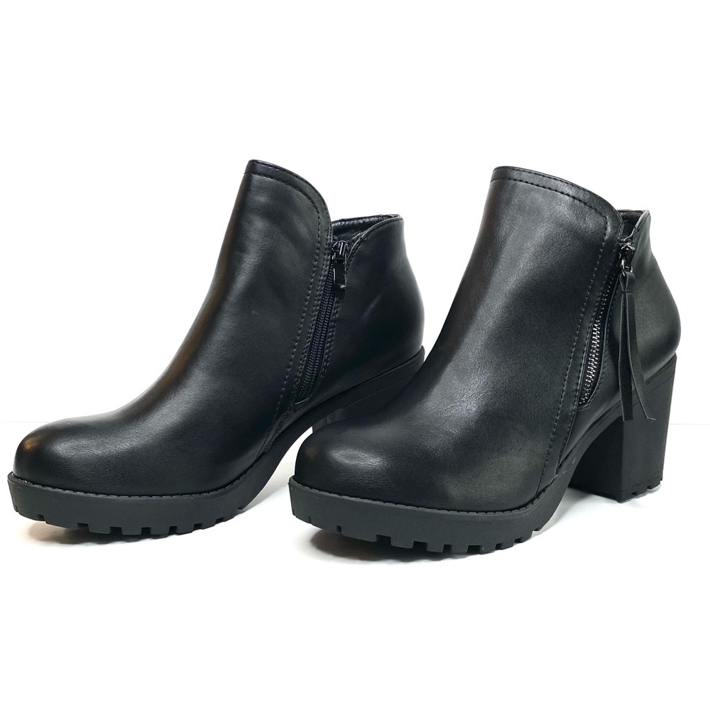 Black Chunky Heel Ankle Bootie with Lug Sole
